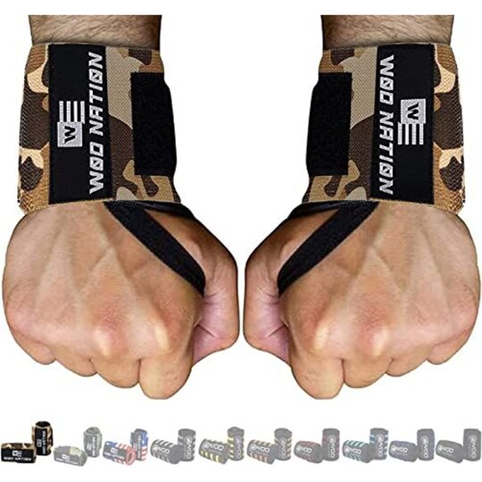 WOD Nation Wrist Wraps for Weightlifting, 12 Inch Professional Gym Wrist Straps w/Thumb Loop, Wrist Support Wraps for Men & Women for Strength Training, Powerlifting & Bodybuilding (Brown Camo)